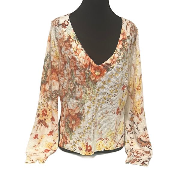 Anthropologie Floral Knit Sweater XS Ivory Linen Blend V Neck - Picture 2 of 16